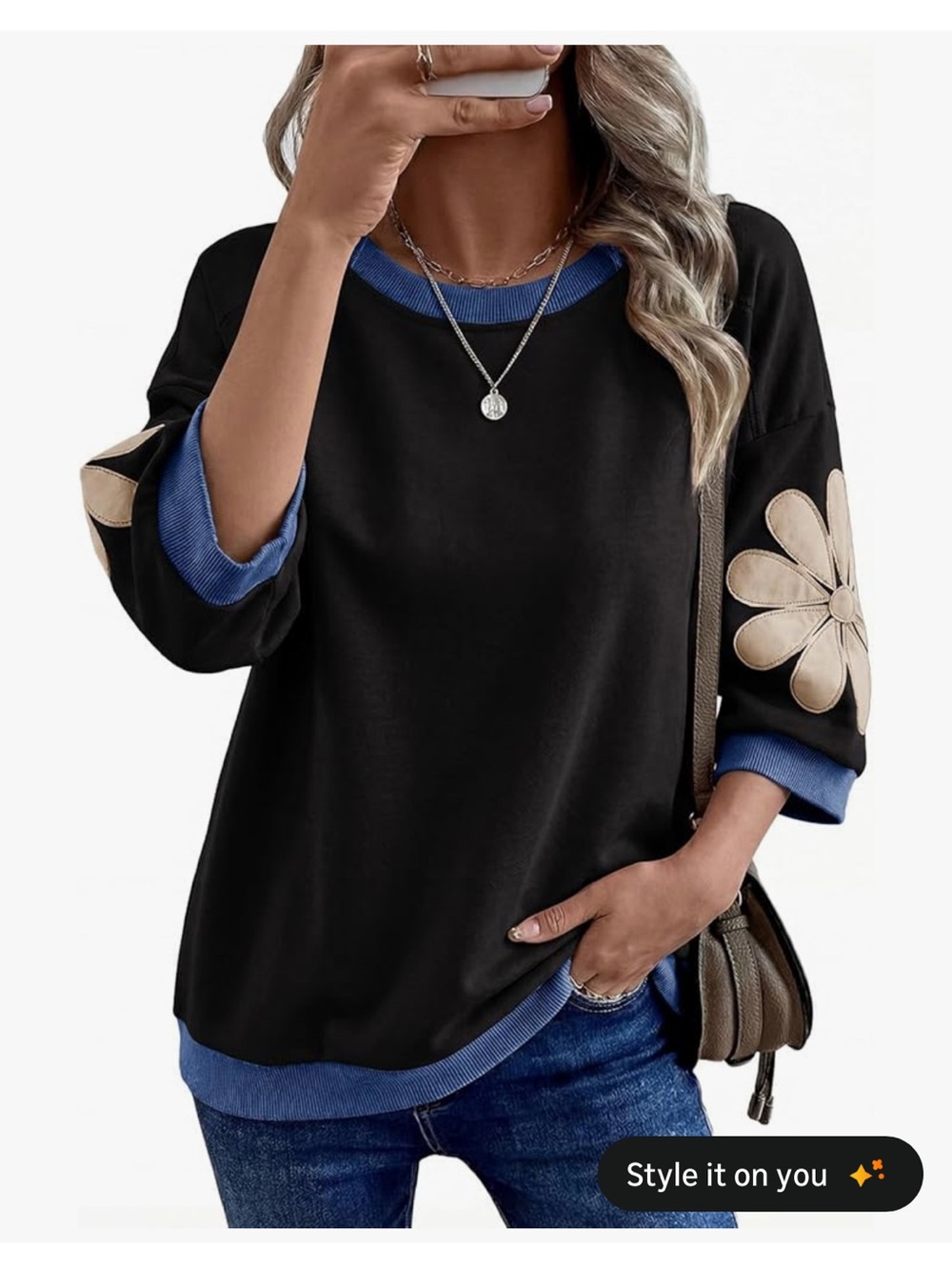 Dokotoo 3/4 Sleeve Shirt Floral Patch Crewneck - Picture 5 of 8